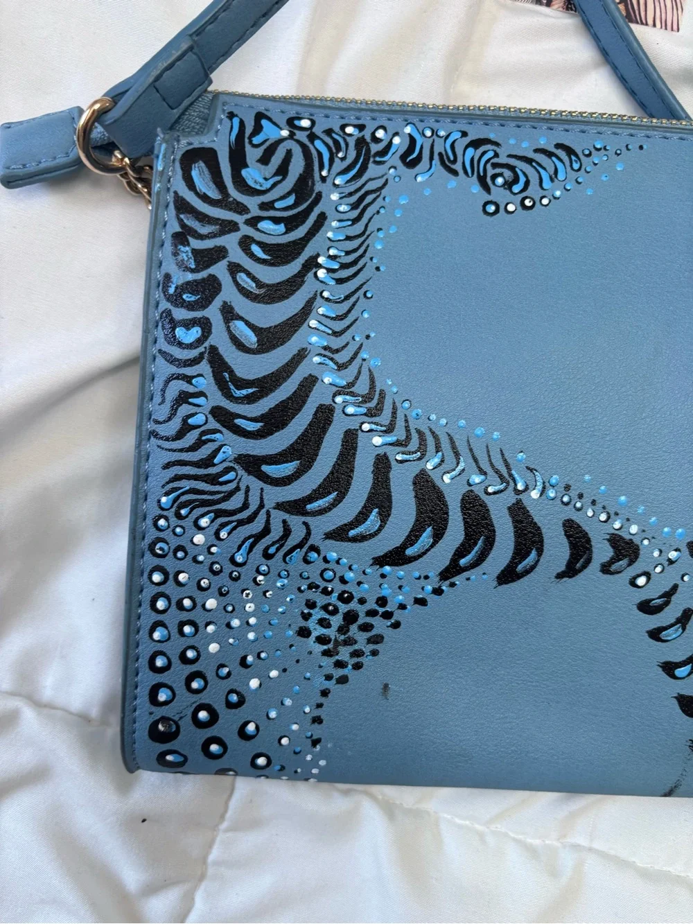 Blue Patterned Crossbody Bag. Hand painted. One of a kind.